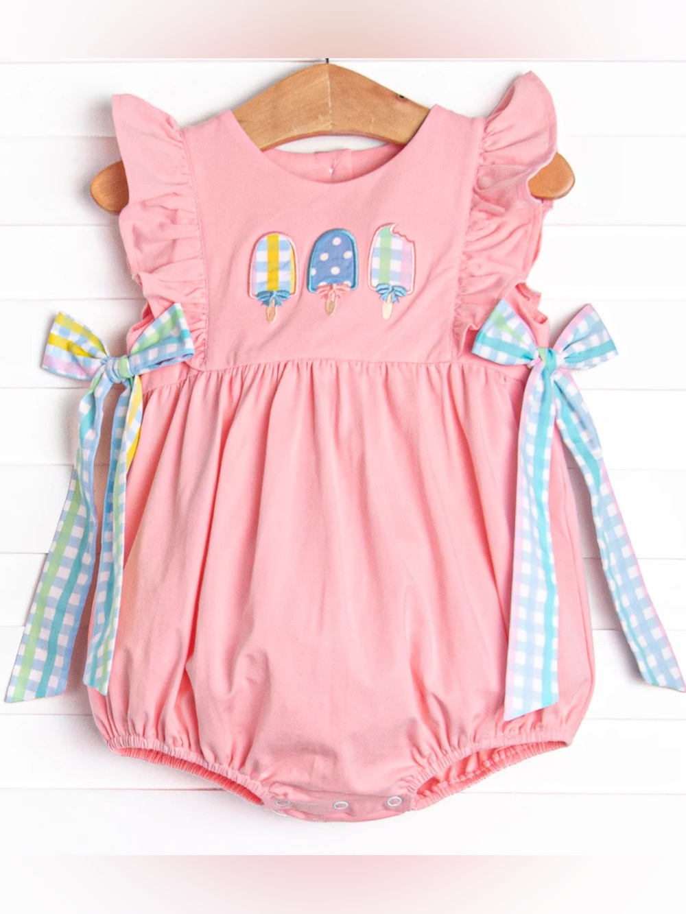 Stitchy Fish Pastel Popsicles Applique Bubble romper coral Pink bows embroidered